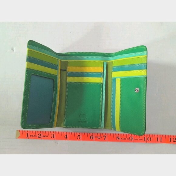 Italian Mywalit Tri-Fold Leather Wallet Coin Pouch Green Yellow Elephant Logo - Picture 7 of 8